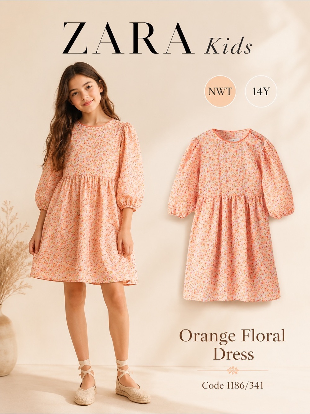 Zara Kids Limited Edition Orange Floral Puff Sleeve Dress NWT 13-14Y